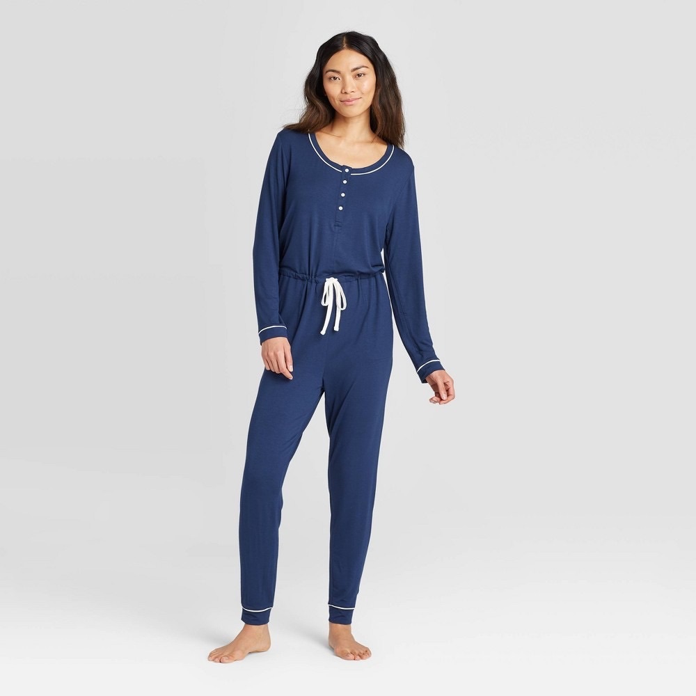 Stars Above Soft Henley Jumpsuit Navy Blue M